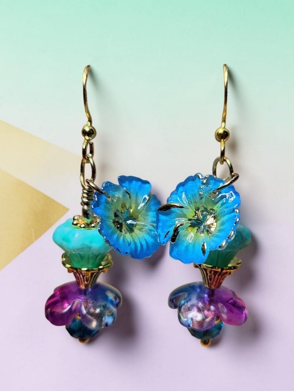 Handcrafted Purple & Turquoise Floral Drop Earrings